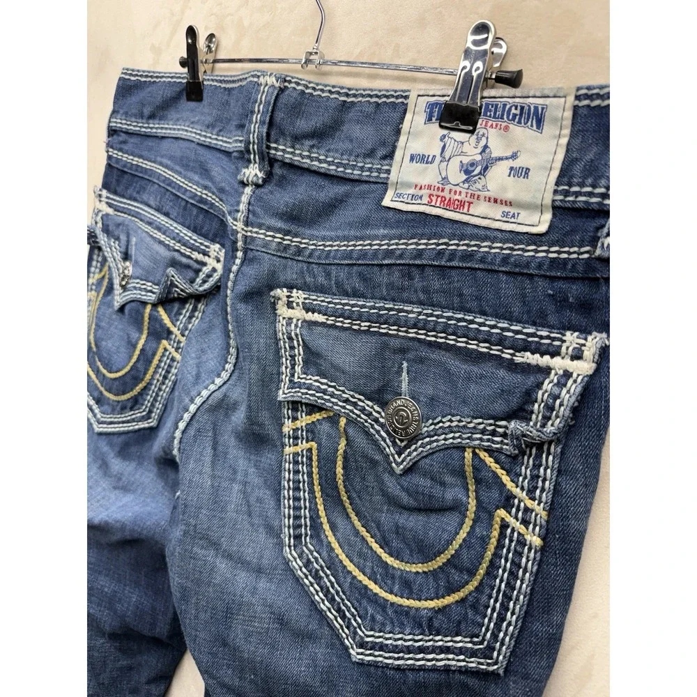 True Religion Straight Mega T Jeans Mens 33 Flap Pocket Mud Slinger Thick Stitch